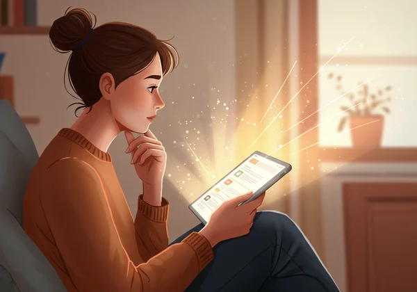 Person discovering insights on a tablet, light coming from screen