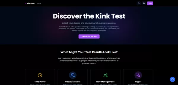 Kink Test Website-Homepage, die den Test-Einstiegspunkt und die wichtigsten Funktionen zeigt.