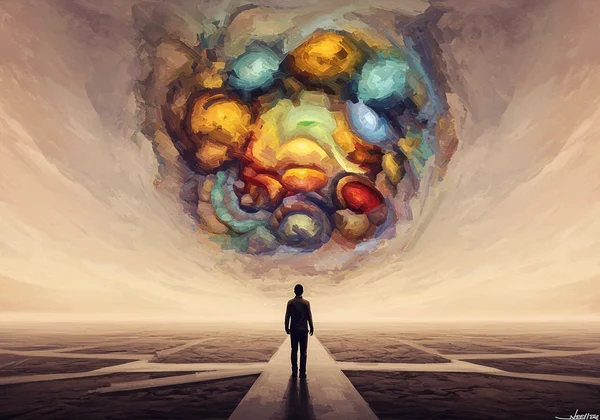 Una persona che esplora il proprio paesaggio interiore di desideri.