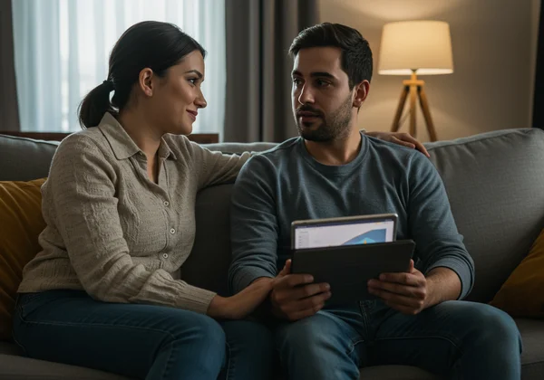 Couple talking openly about kinks, holding tablet.
