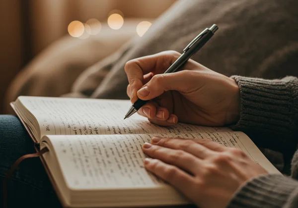 Hand writing in a journal, with soft light.
