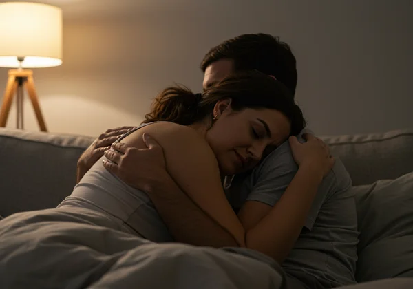 Ein Paar kuschelt für Aftercare und zeigt Komfort und Verbundenheit