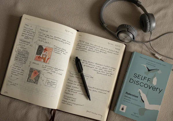 Items for solo kink exploration: journal, book, and headphones.