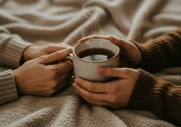 Two hands gently holding a warm mug, symbolizing comfort.