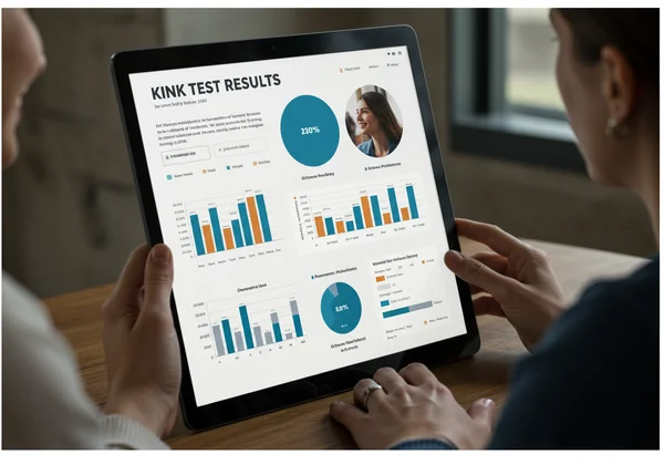 Couple comparing kink test results on a screen