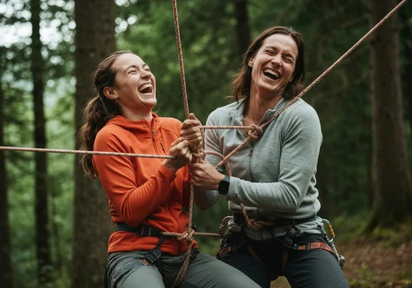Couple laughing while trying to tie rope, showing connection