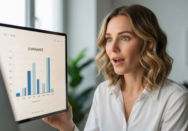 Woman looking at "Dominance" results, feeling empowered
