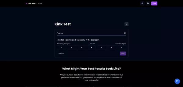 Screenshot of the Kink Test interface, showing test questions and options.