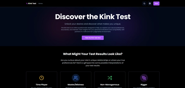 Screenshot of Kink Test page showing user-friendly design and questions.